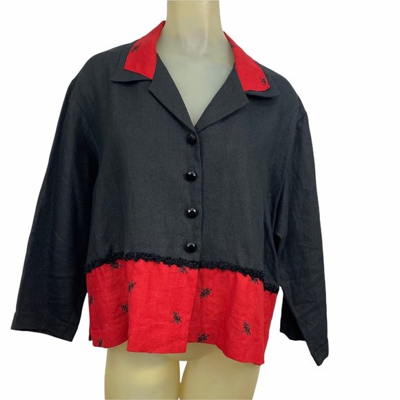 Taylor G. Dallas Texas Blouse top Women's XL 100% Linen red Black Vintage USA - Picture 1 of 5